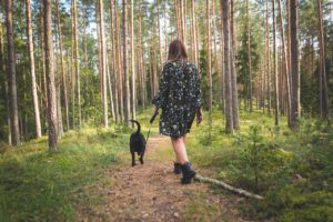ילדה עם כלב מטיילת בטבע